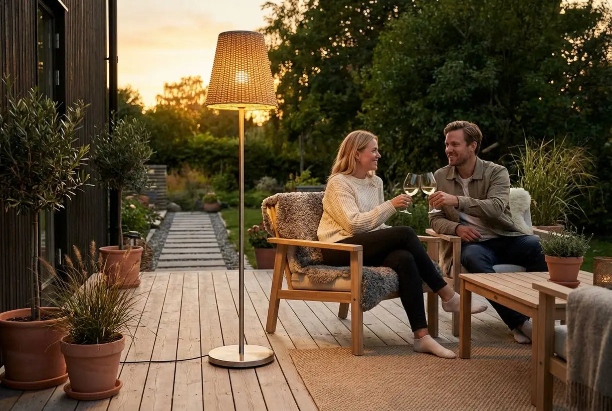 Scandinavisch terras met solar buiten vloerlamp die warme sfeervolle verlichting creëert voor een tuinavond