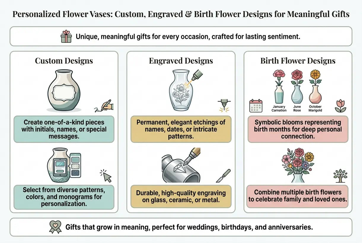Personalisierte Blumenvasen: Individuelle, gravierte & Geburtsblumen-Designs für bedeutungsvolle Geschenke - Infografik