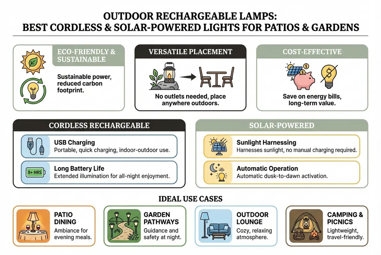 Oplaadbare buitenlampen: de beste snoerloze lampen en solarlampen voor terras en tuin - infographic