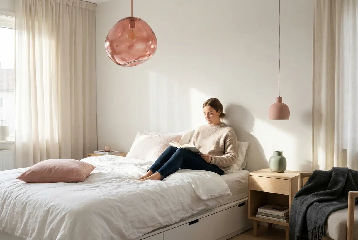 Scandinavische slaapkamer met vrouw die leest onder zachte roze hanglamp