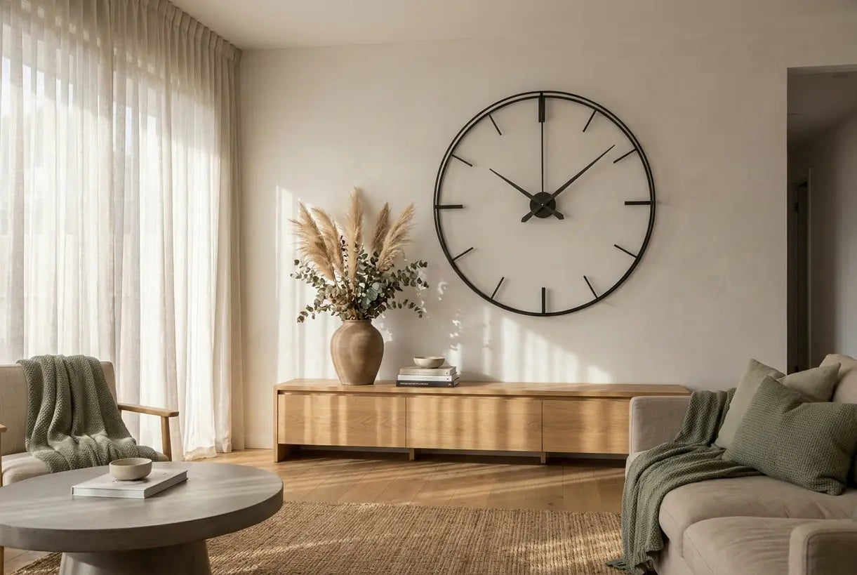 Große moderne Wanduhr als Statement-Stück in einem skandinavisch-modernen Wohnzimmer