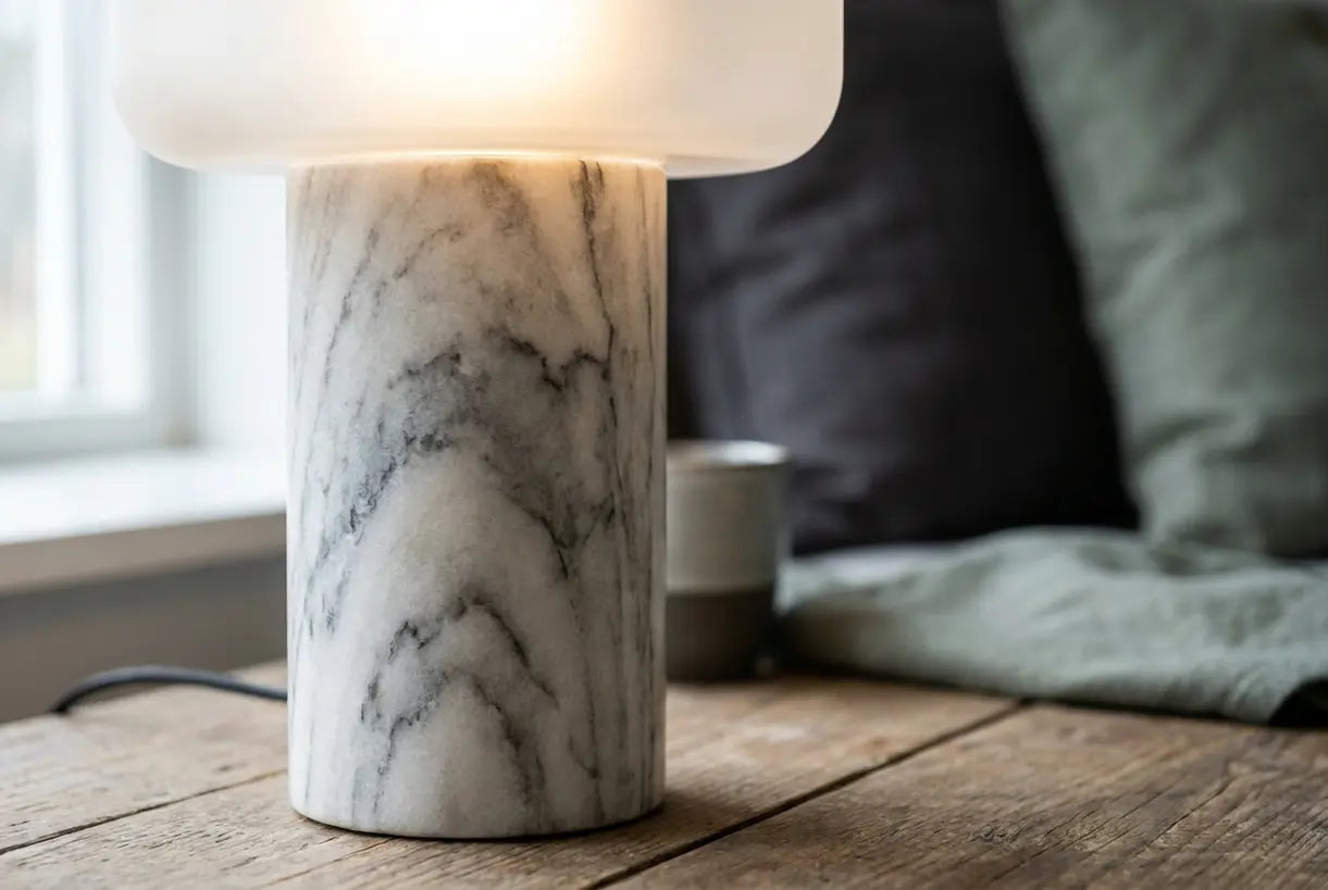 Close-up van natuurlijke marmeren adering op een draadloze oplaadbare lampvoet met warme sfeervolle gloed