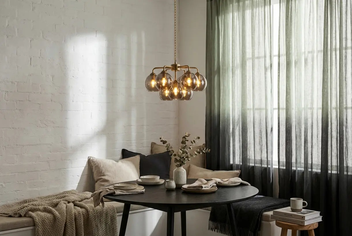 Mini chandelier in Scandinavian interior design setting over small dining area