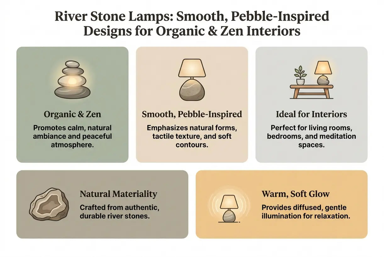Flusssteinlampen: Glatte, Kieselstein-inspirierte Designs für organische & Zen-Interieurs - Infografik