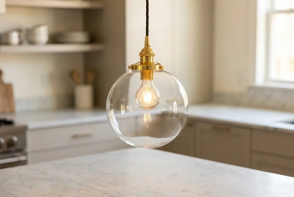 Hanglamp met glazen bol en messing fittingen