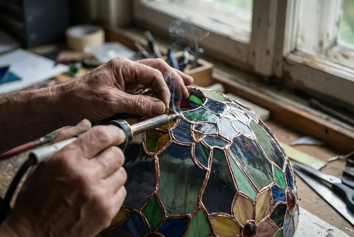 Ambachtelijke handen die koperfolie solderen tussen kleurrijke glas-in-lood lampstukken in werkplaatsomgeving