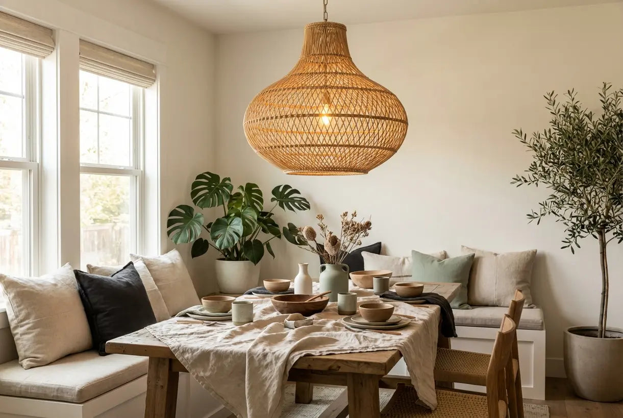 Rotan kroonluchter hangend in Scandinavische eetkamer met natuurlijk decor