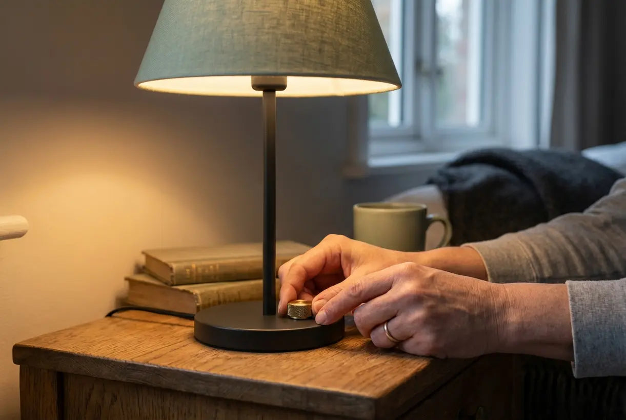 Handen passen moderne LED tafellamp aan met warme sfeervolle gloed op houten nachtkastje