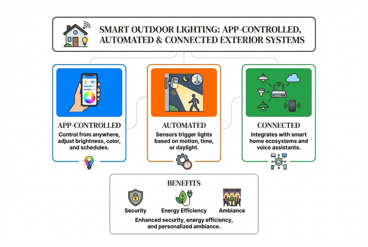 Slimme buitenverlichting: systemen met app-bediening, automatisering en verbinding voor buiten - infographic