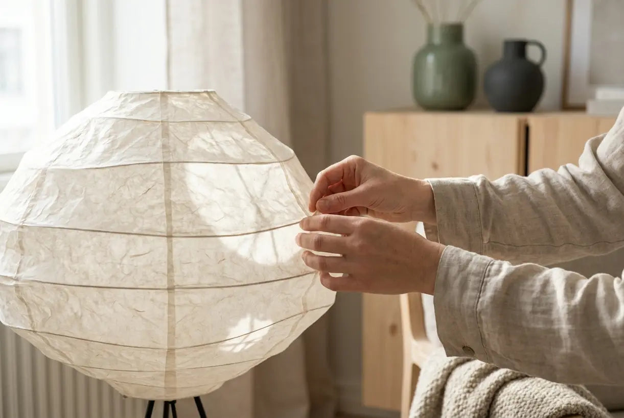 Handen die sculpturale rijstpapier ongebruikelijke vloerlamp aanpassen met natuurlijke lichttextuur