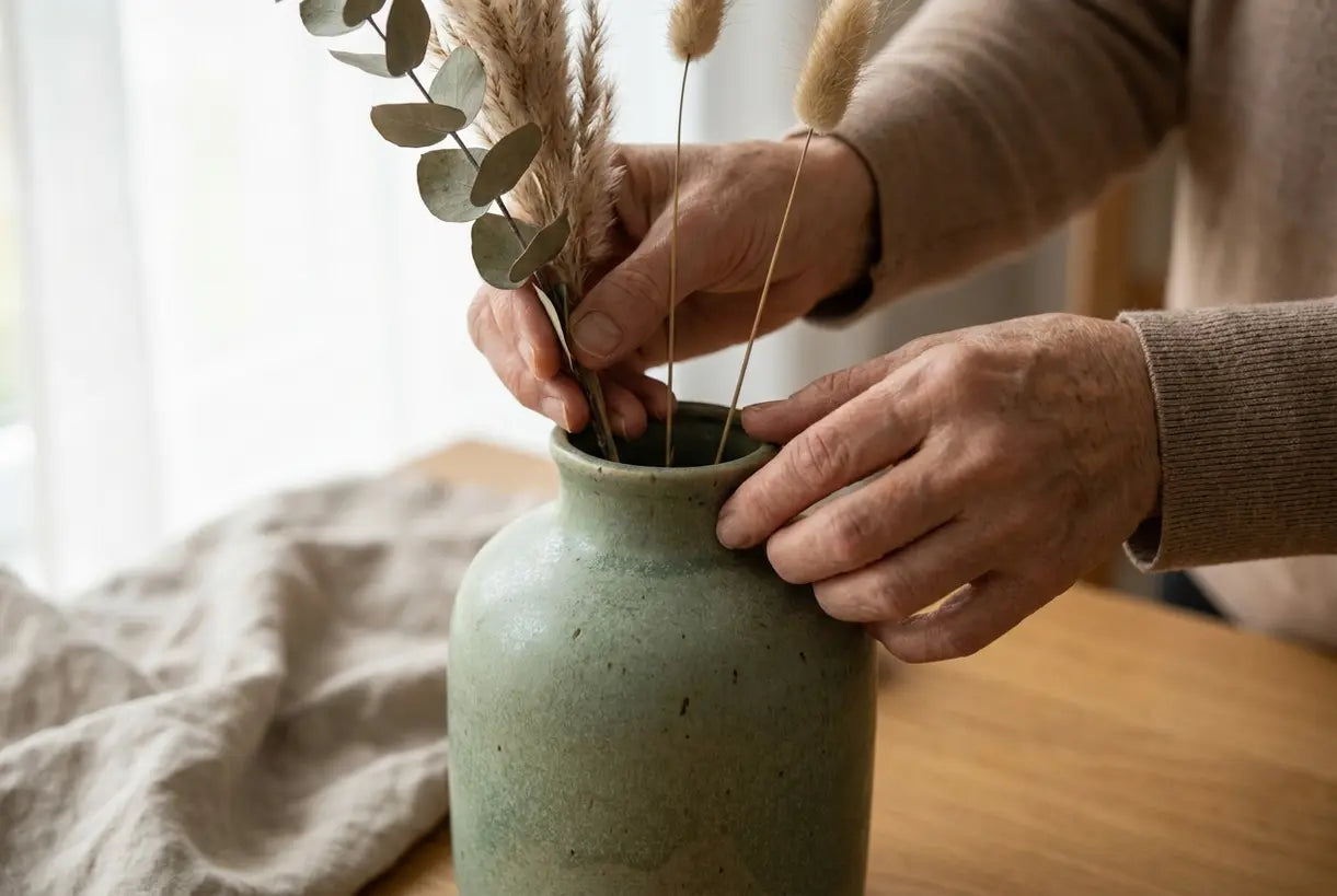Hände stylen getrocknete Botanicals in einer salbeigrünen Keramikvase für naturinspirierte Wohnkultur