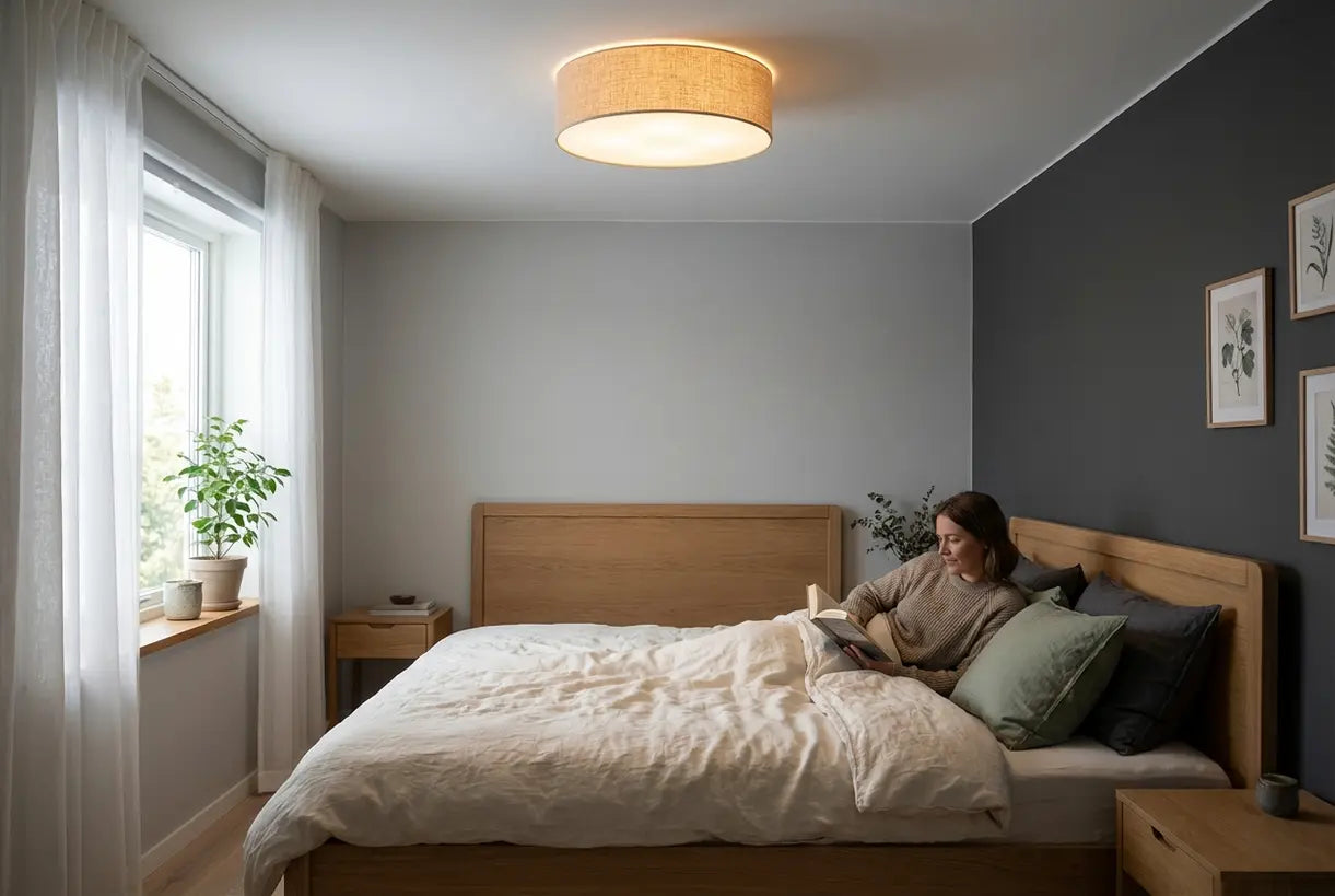 Scandinavische slaapkamer met linnen opbouwlamp die een warme, uitnodigende hygge-sfeer creëert