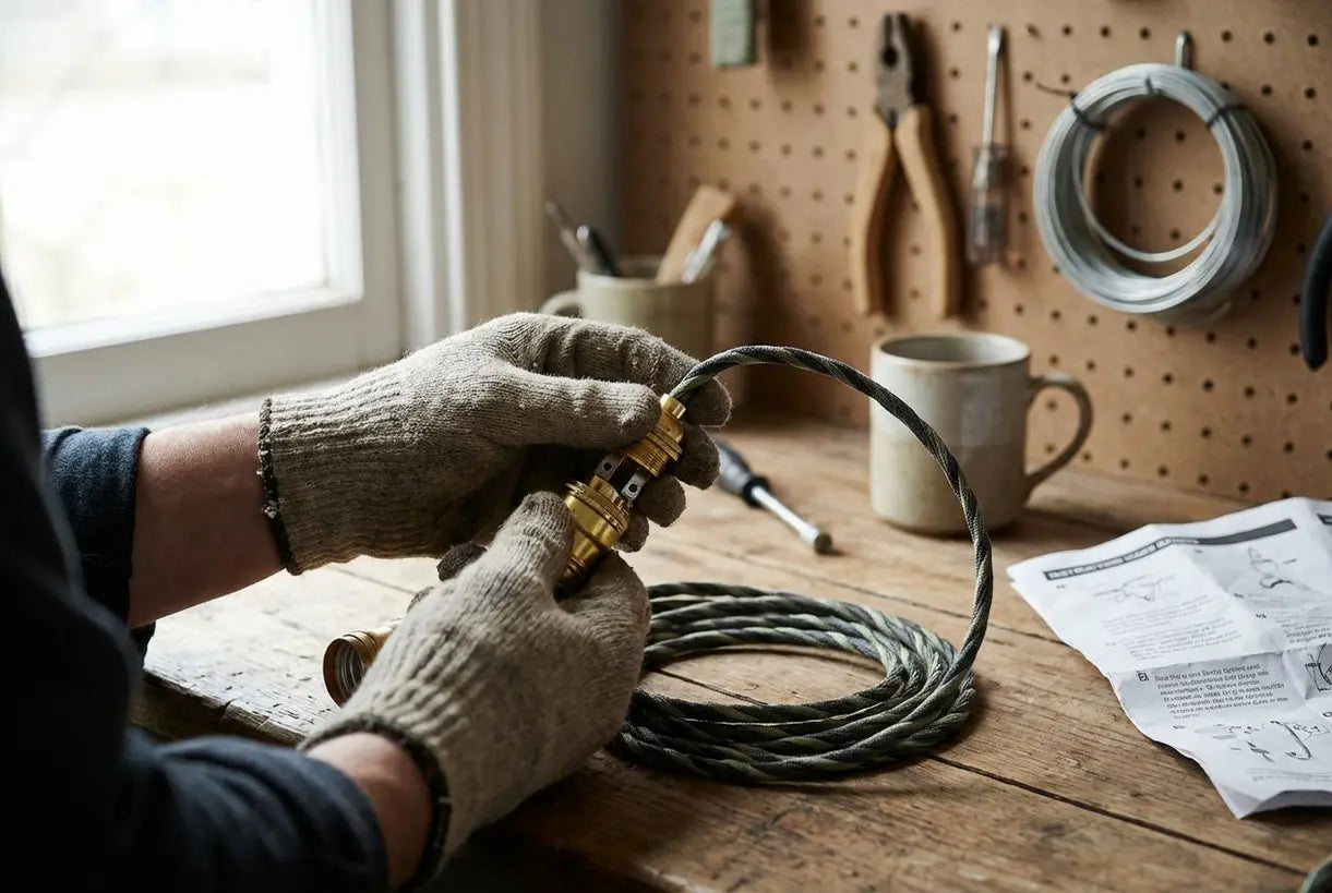 Handen die doe-het-zelf vloerlampbedradingscomponenten monteren op een houten werkbank