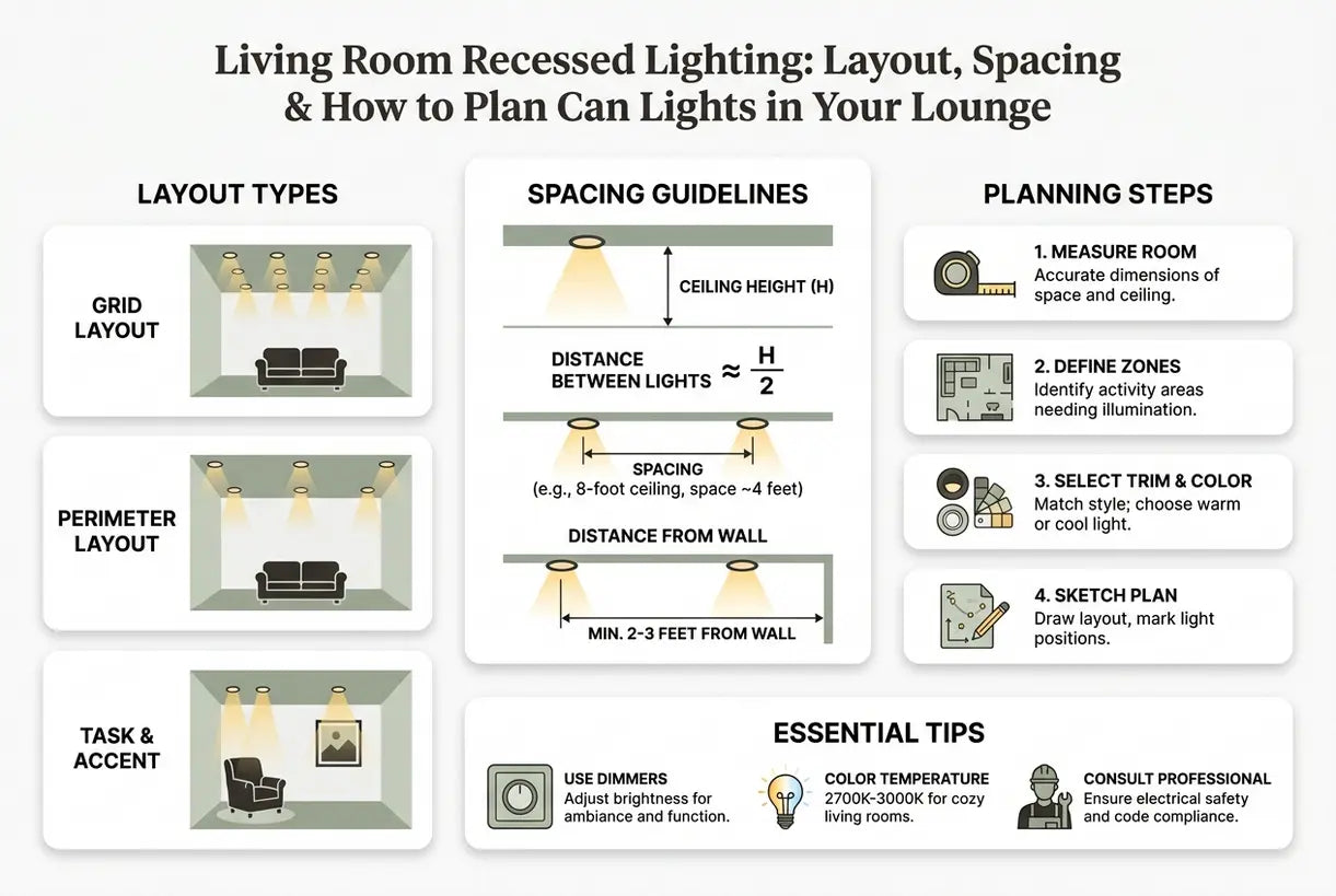 Living Room Recessed Lighting: Layout, Spacing & How to Plan Can Lights in Your Lounge - infographic