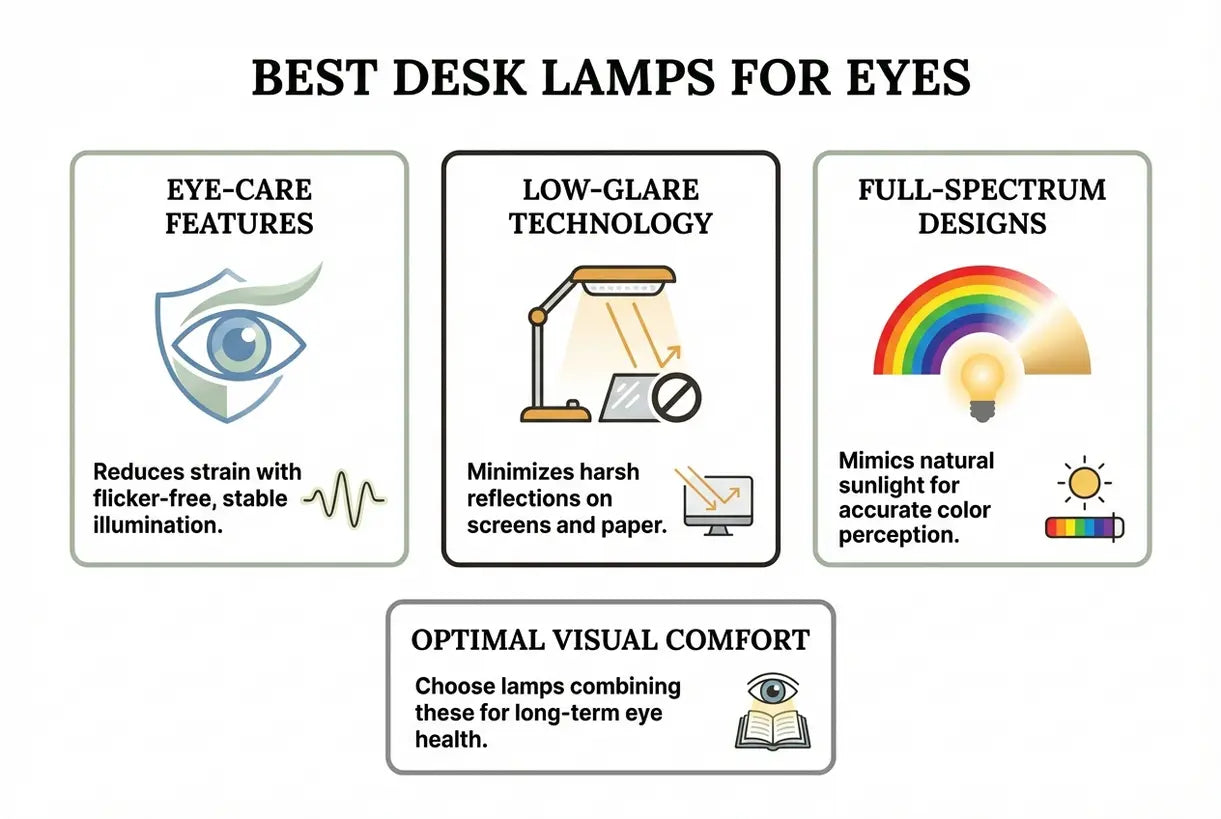 Beste bureaulampen voor ogen: oogverzorgende, weinig-verblindende & full-spectrum ontwerpen - infographic