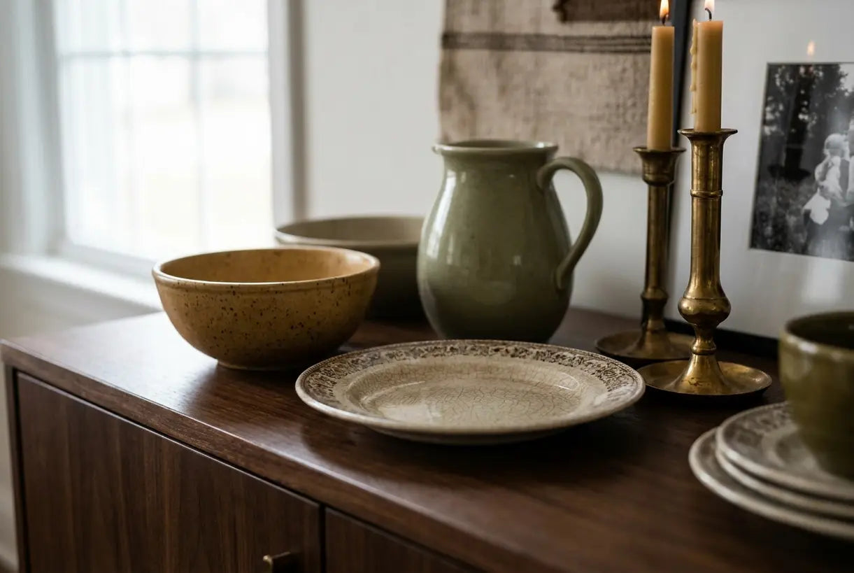 Vintage 1940s ceramic tableware and brass candlesticks on wooden sideboard, wartime home decor details