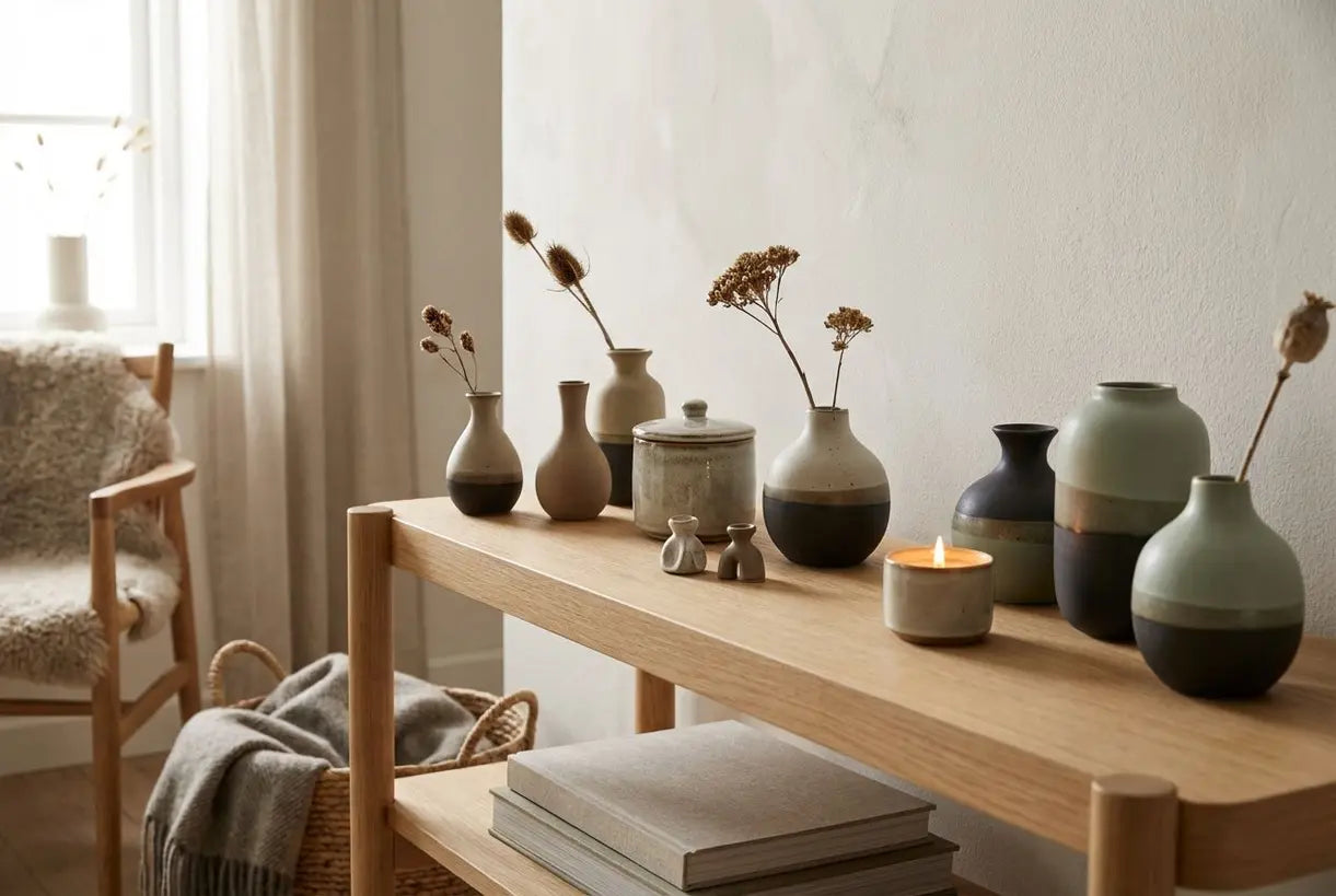 Collectie kleine keramische vazen gerangschikt op een Scandinavische plank