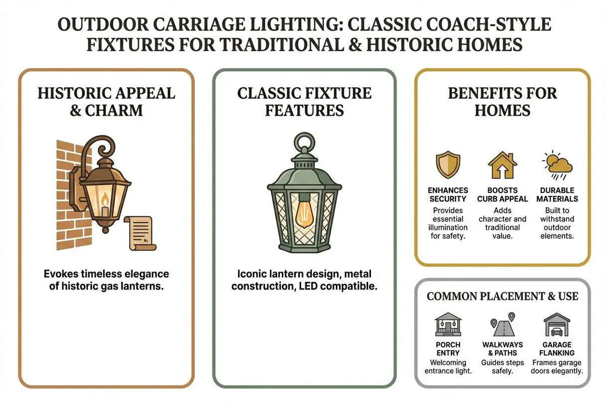 Buitenlantaarns in koetsstijl: klassieke armaturen voor traditionele en historische huizen - infographic