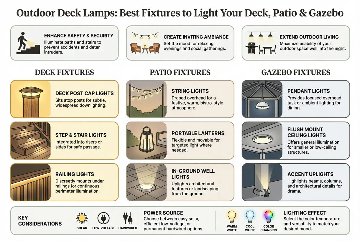 Buitenlampen voor terrassen: De beste armaturen om uw terras, patio en tuinhuisje te verlichten - infographic