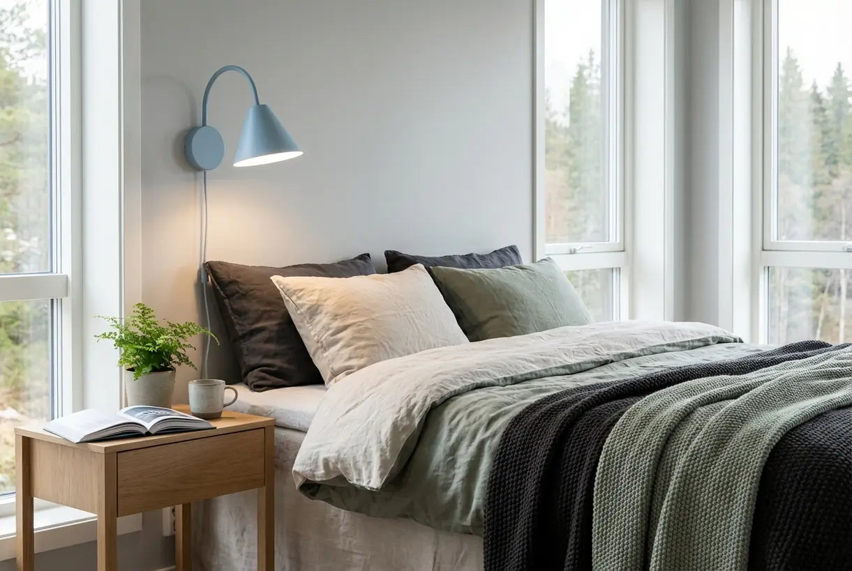 Scandinavische slaapkamer met blauwe wandlamp die omgevingslicht geeft naast het bed