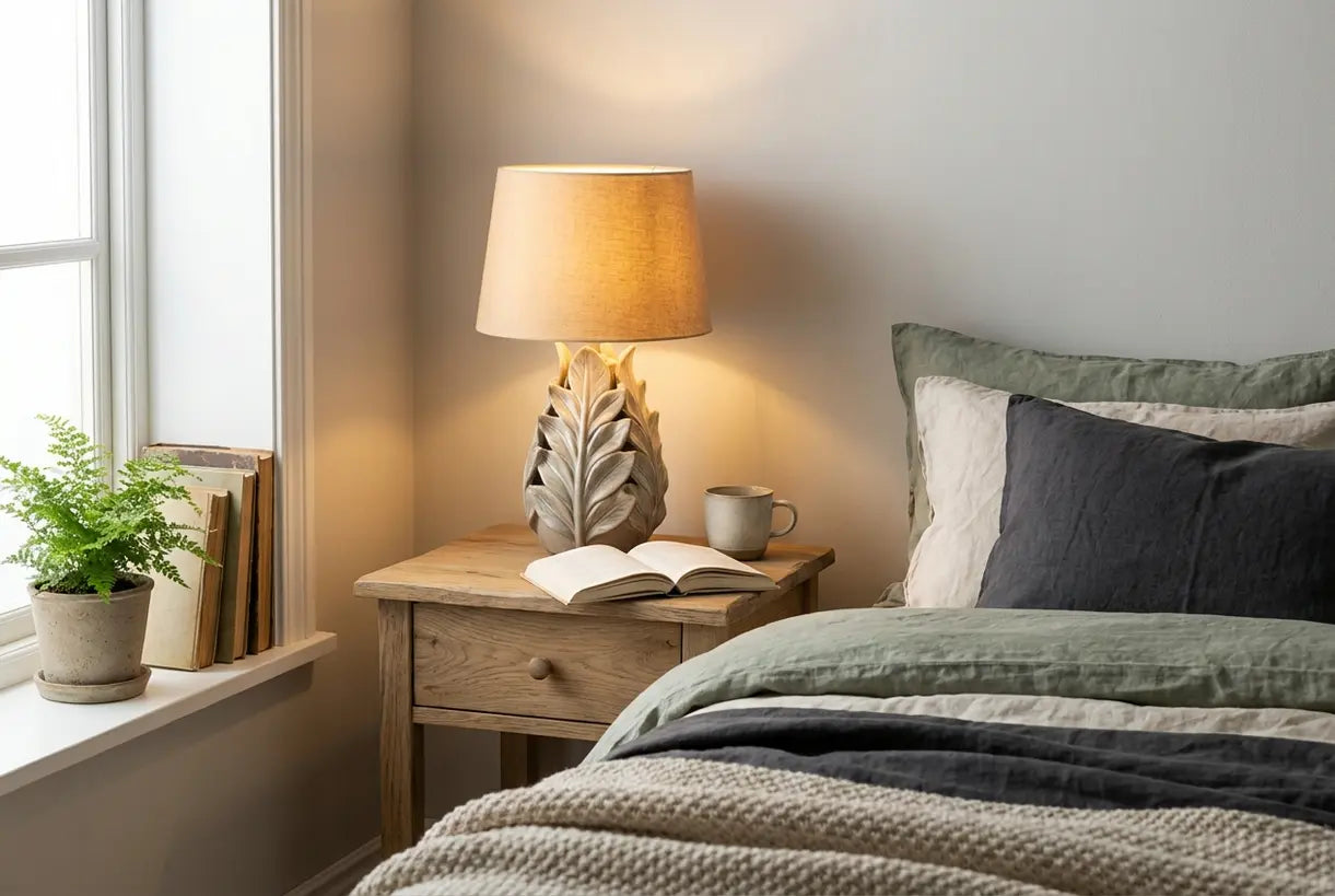 Scandinavische slaapkamer met op de natuur geïnspireerde bloemen tafellamp op houten nachtkastje