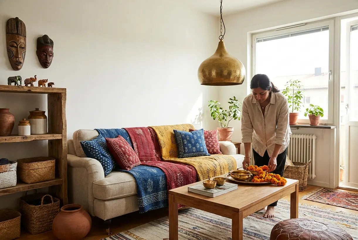Scandinavian living room with Indian decor accents featuring brass pendant light and colorful textiles