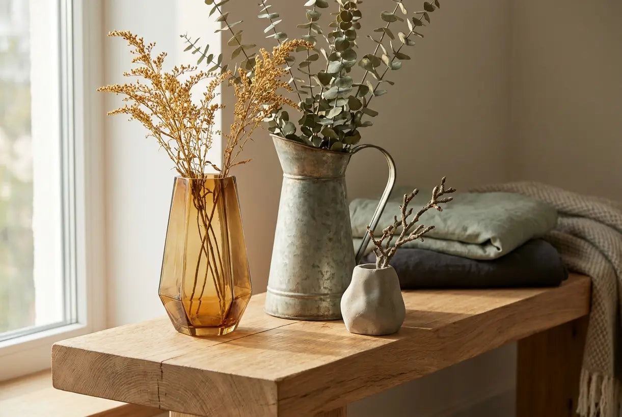 Scandinavian shelf vignette with metal, glass and concrete rustic vases on raw oak surface