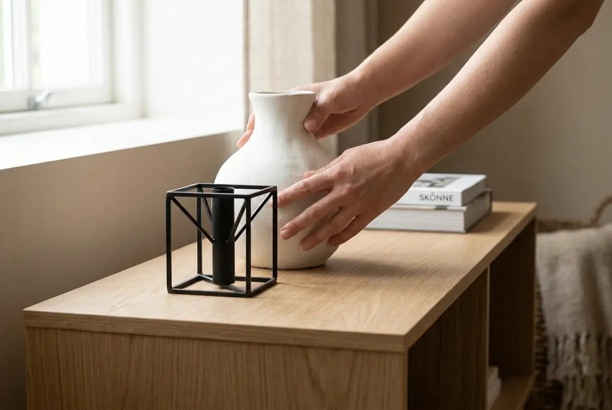 Hands arranging minimalist modern contemporary home decor on Scandinavian console table