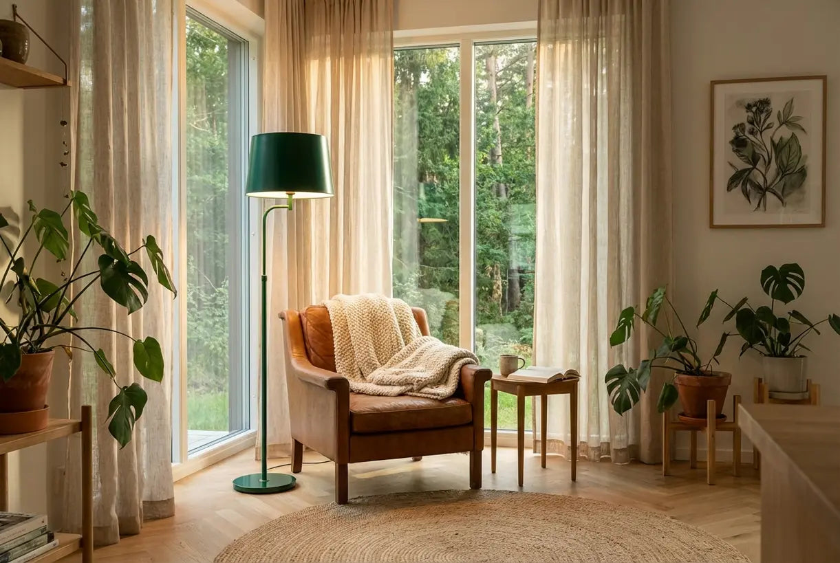 Scandinavische woonkamer met smaragdgroene vloerlamp naast lederen leesstoel en boszicht