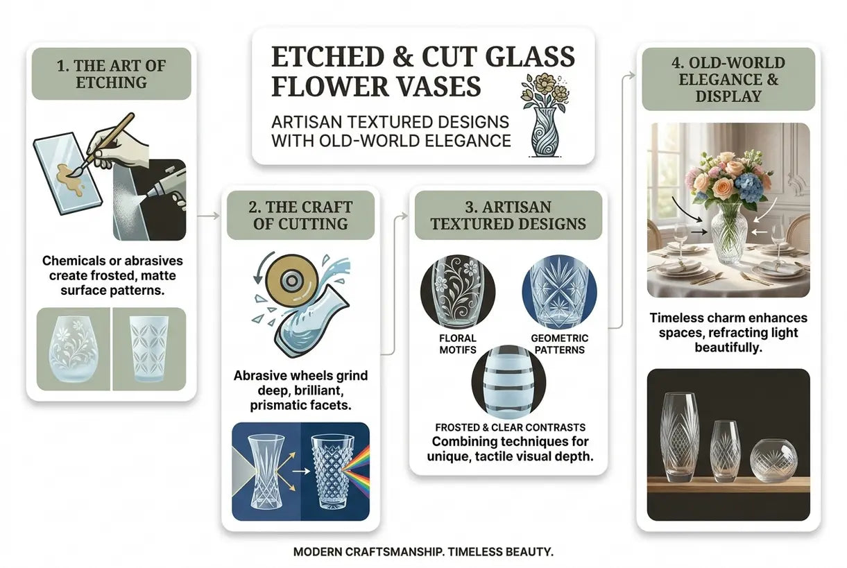 Geätzte und geschliffene Glasvasen: Handgefertigte strukturierte Designs mit altmodischer Eleganz – Infografik