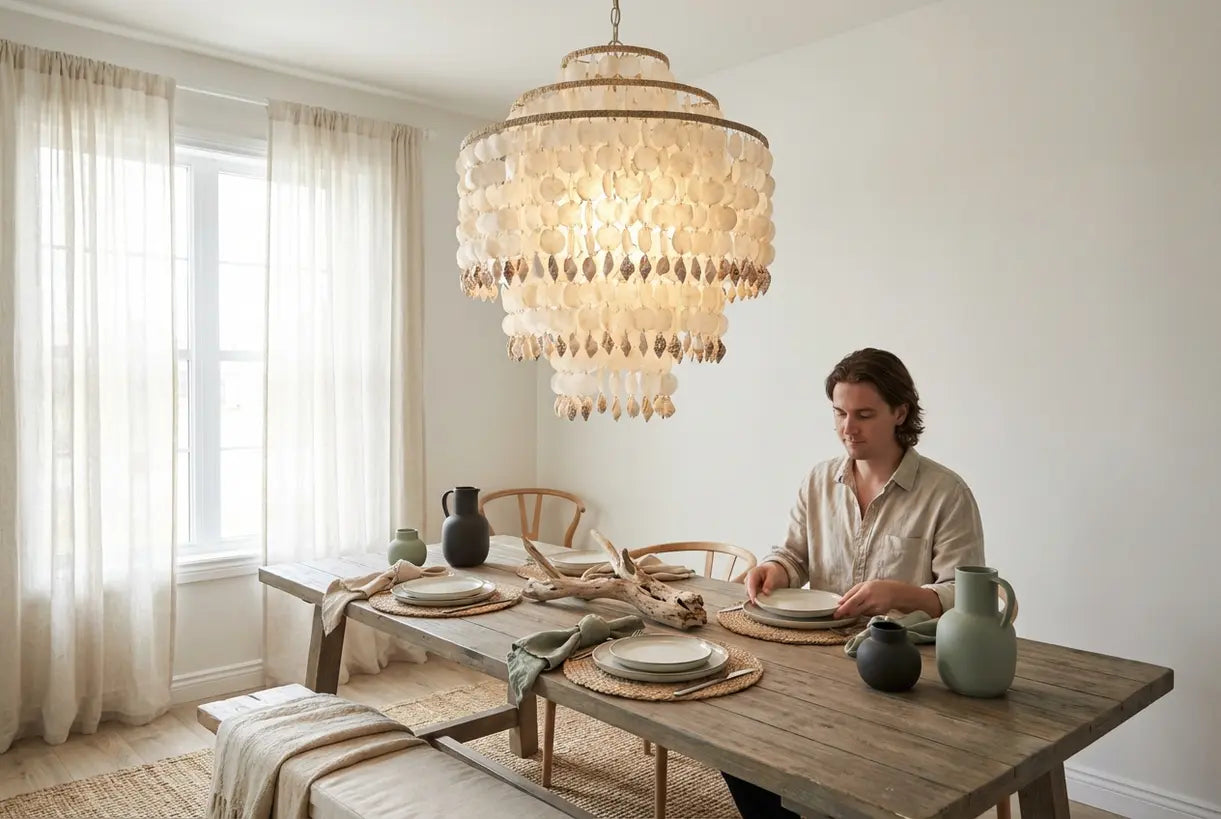 Kust eetkamer met schelpenkroonluchter die warm natuurlijk licht werpt over de tafelsetting
