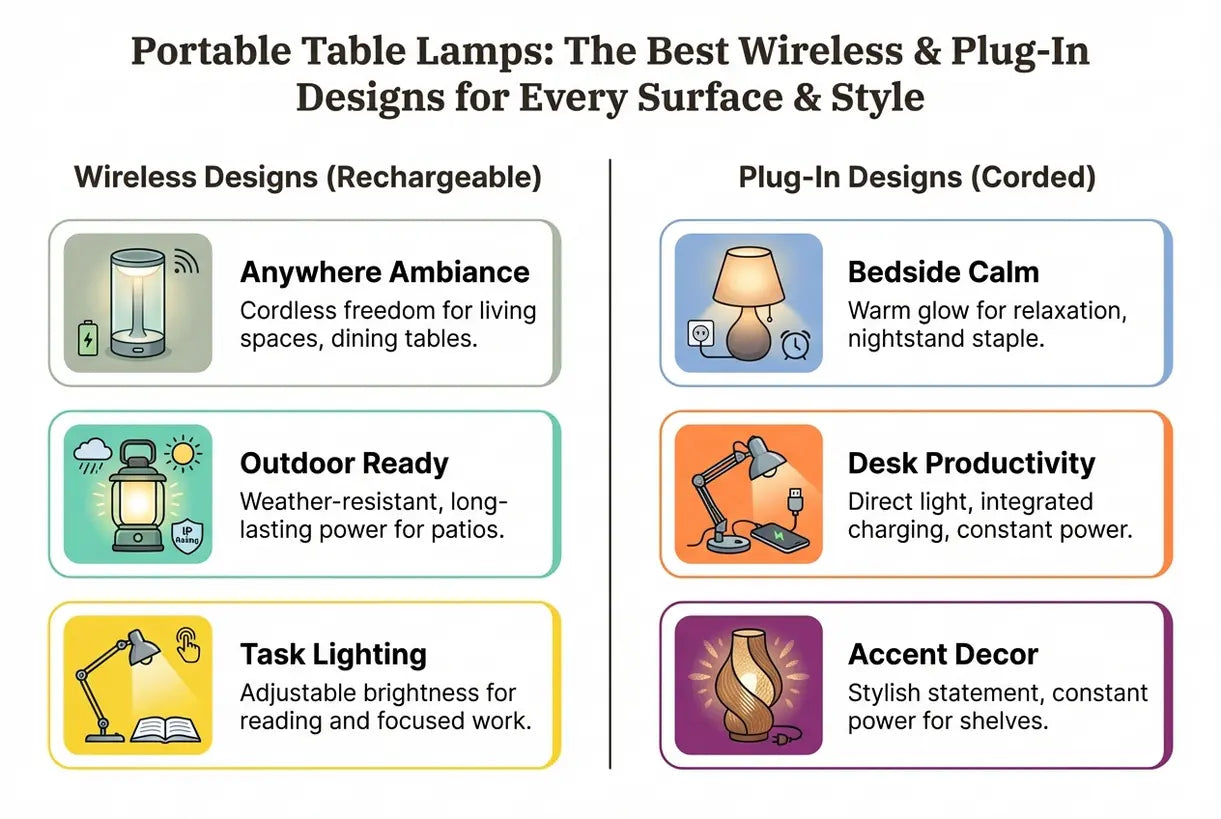 Draagbare Tafellampen: De Beste Draadloze & Plug-In Ontwerpen voor Elk Oppervlak & Stijl - infographic