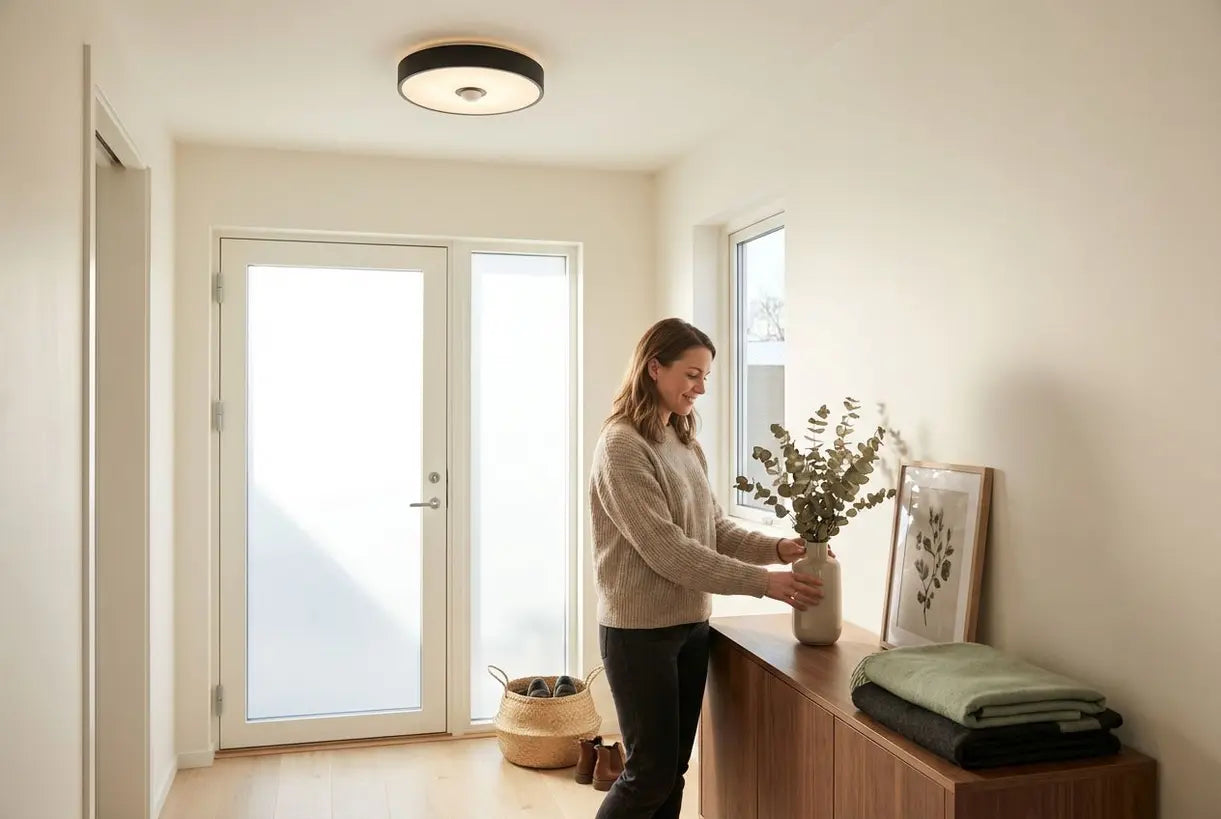 Plafondlamp met bewegingssensor verlicht Scandinavische entreehal met warme automatische verlichting