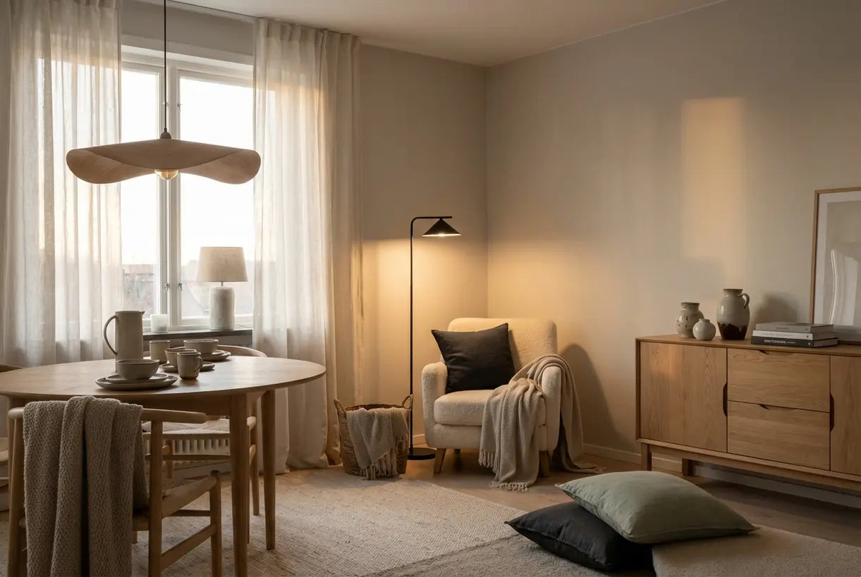 Scandinavische woonkamer met Scandinavische verlichting, waaronder een hanglamp en een vloerlamp