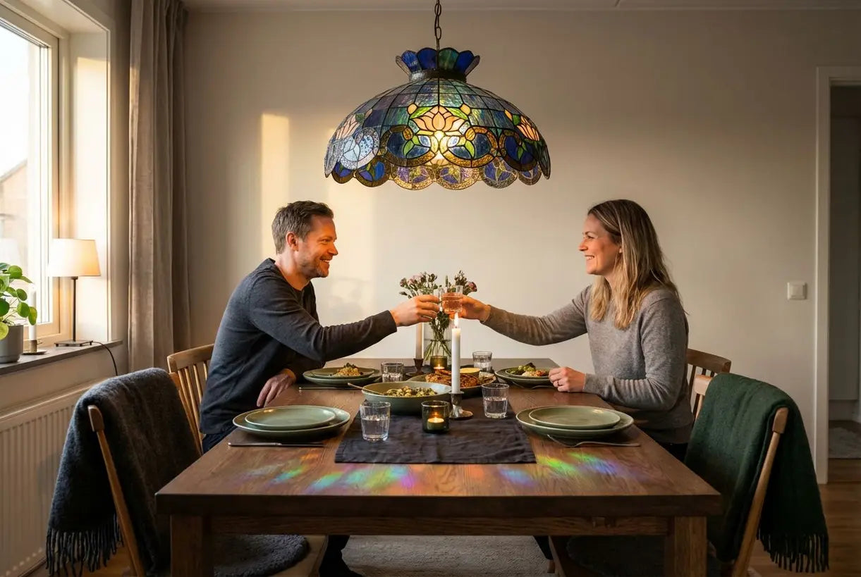 Tiffany-stijl gebrandschilderde plafondlamp die een elegante eetkamer verlicht met een warme, kleurrijke sfeer