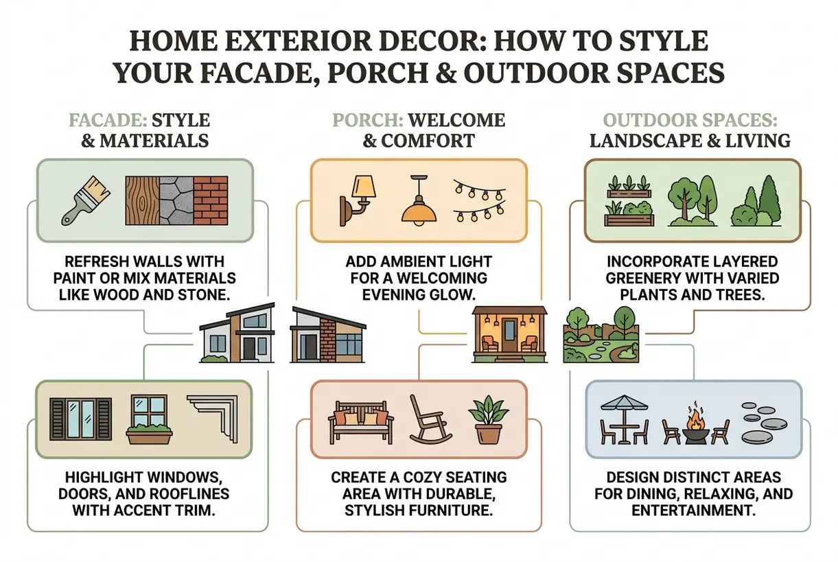 Home Exterior Decor: How to Style Your Facade, Porch & Outdoor Spaces - infographic