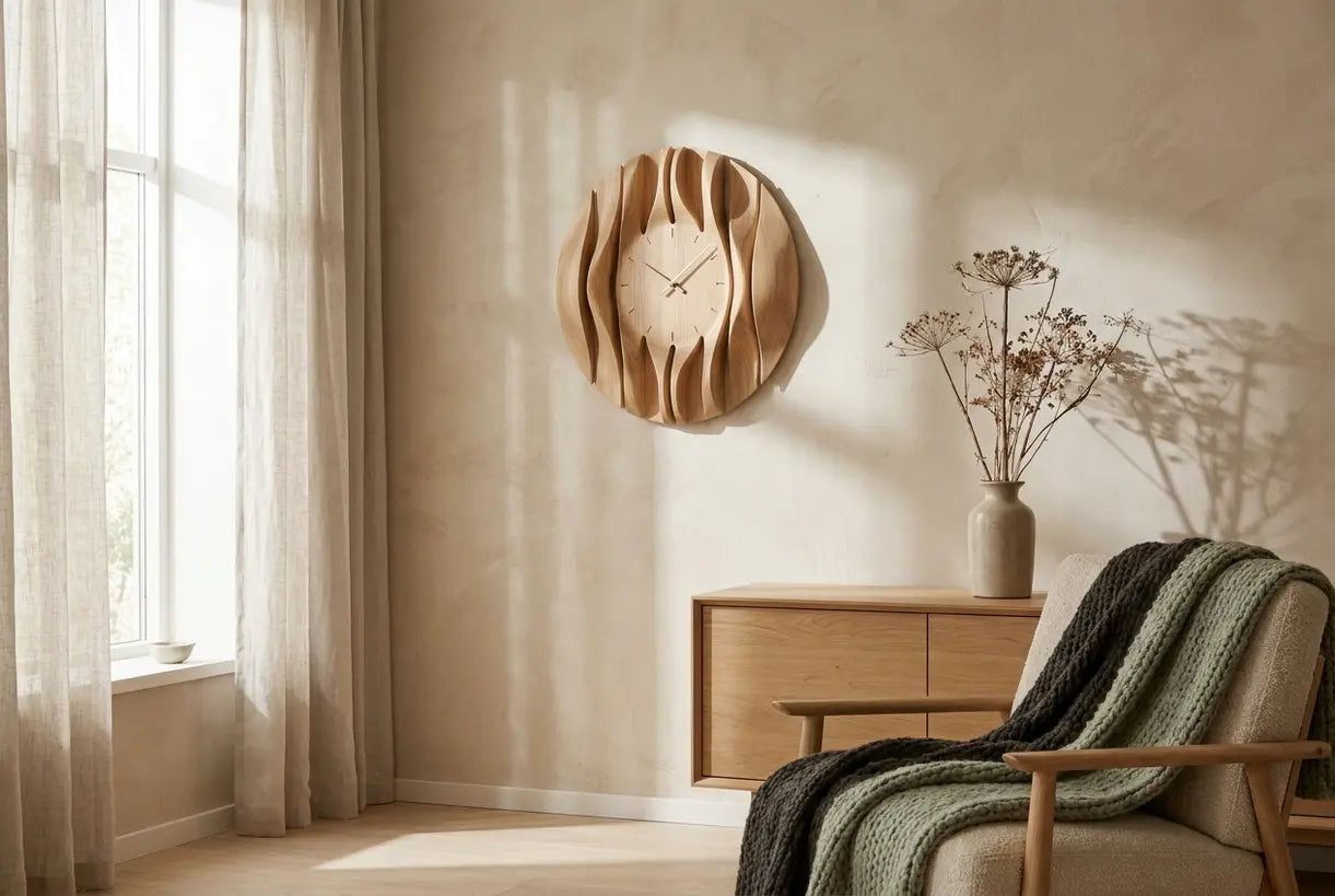 Skandinavische Holz-Wanduhr an einer organischen Wand mit Tageslicht und minimalistischer Deko