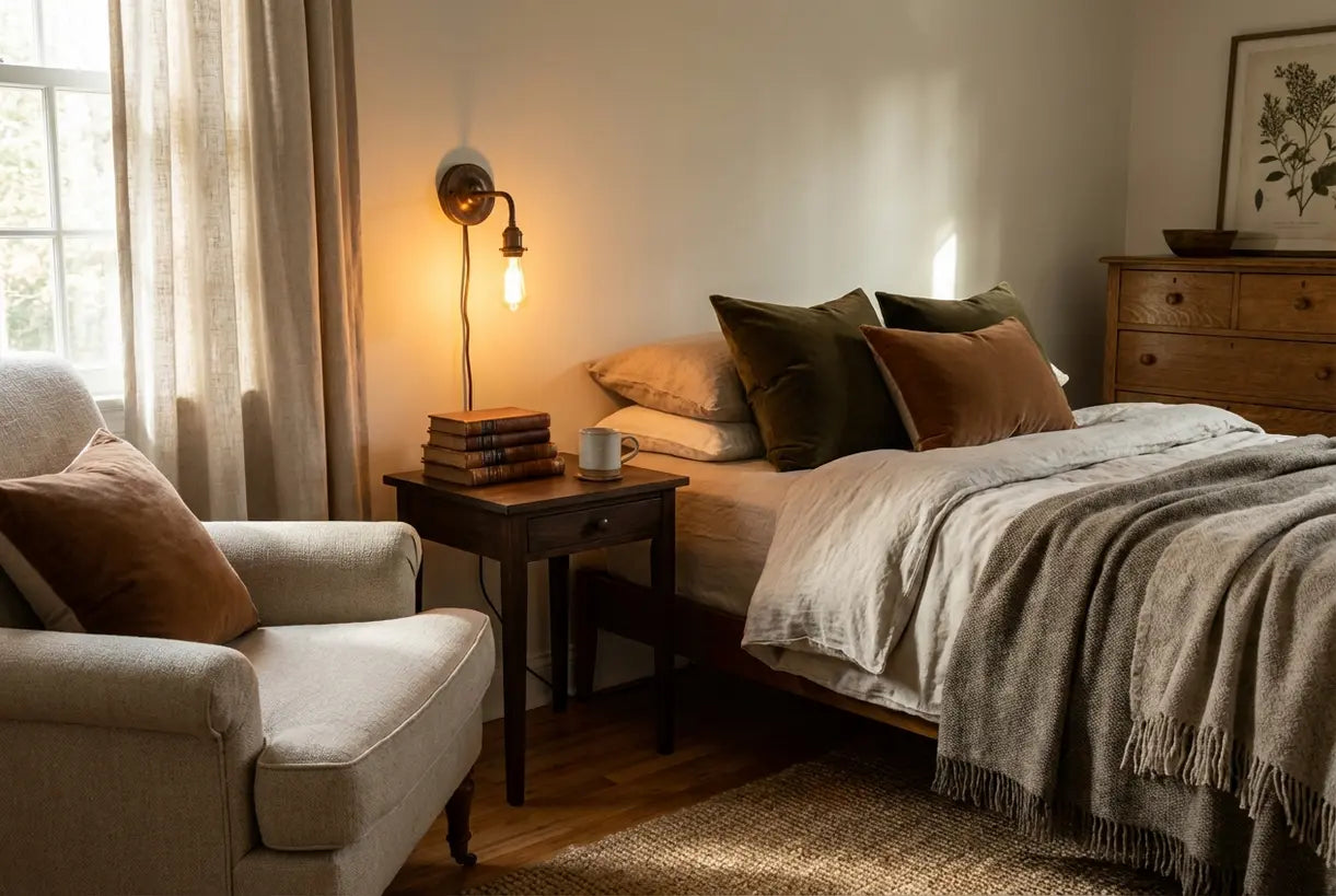 Bronzen wandlamp verlicht in overgangsslaapkamer met warm aards decor