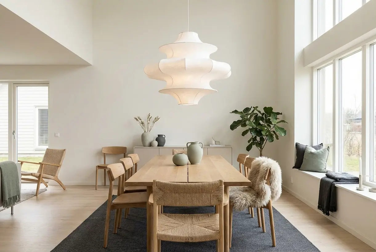 Scandinavian dining room with white chandelier, bright minimal interior, natural light