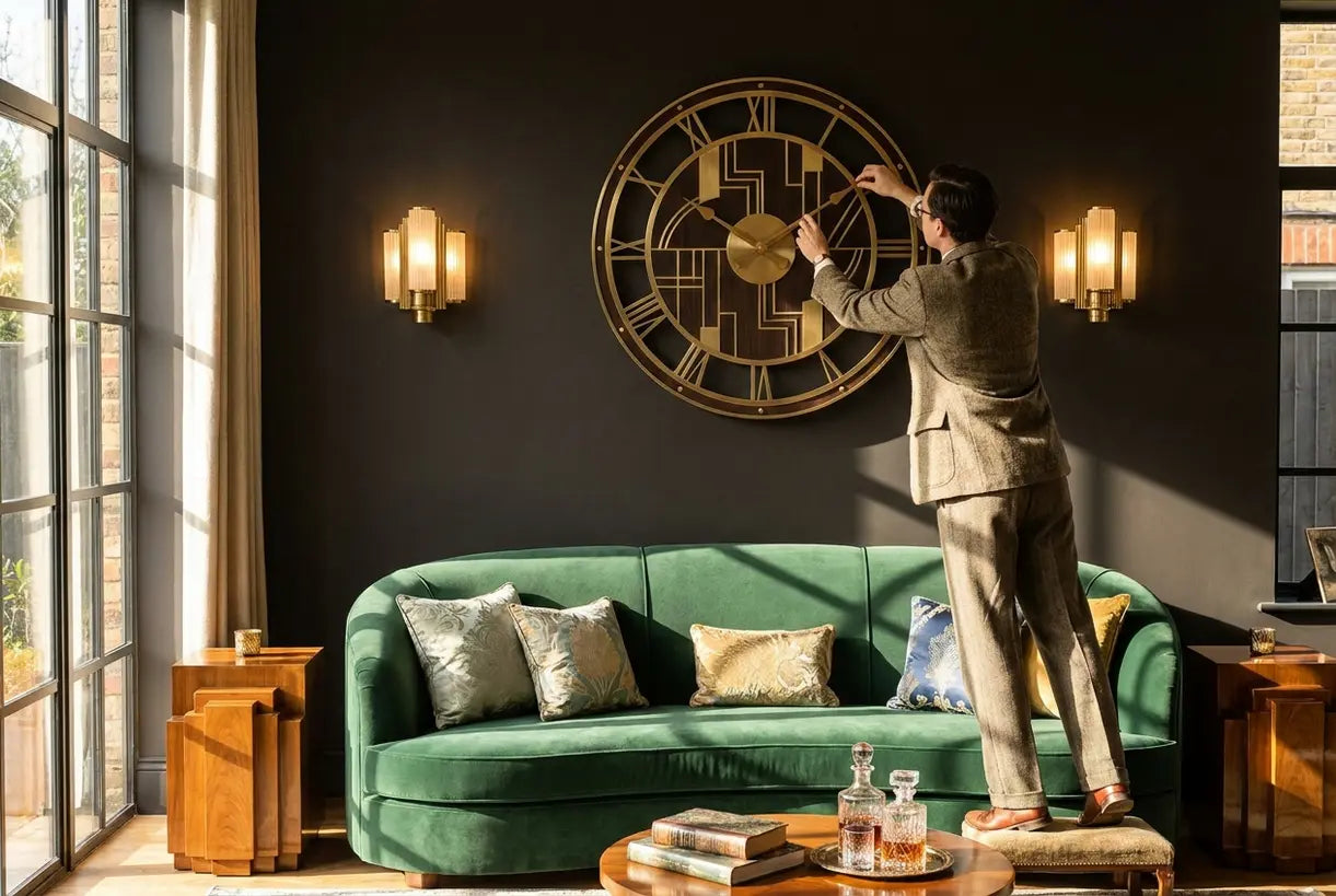Art-déco-Wohnzimmer mit geometrischer Wanduhr als Blickfang über Samtsofa