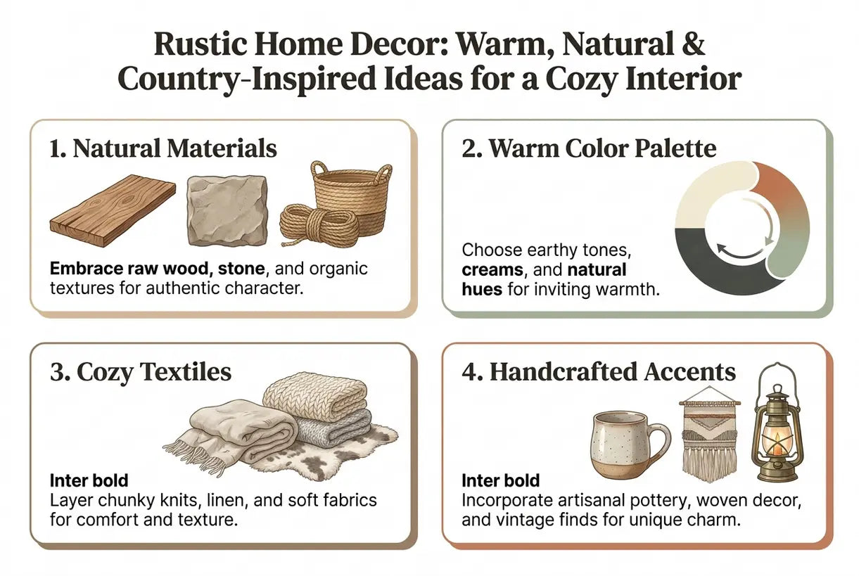 Rustic Home Decor: Warm, Natural & Country-Inspired Ideas for a Cozy Interior - infographic