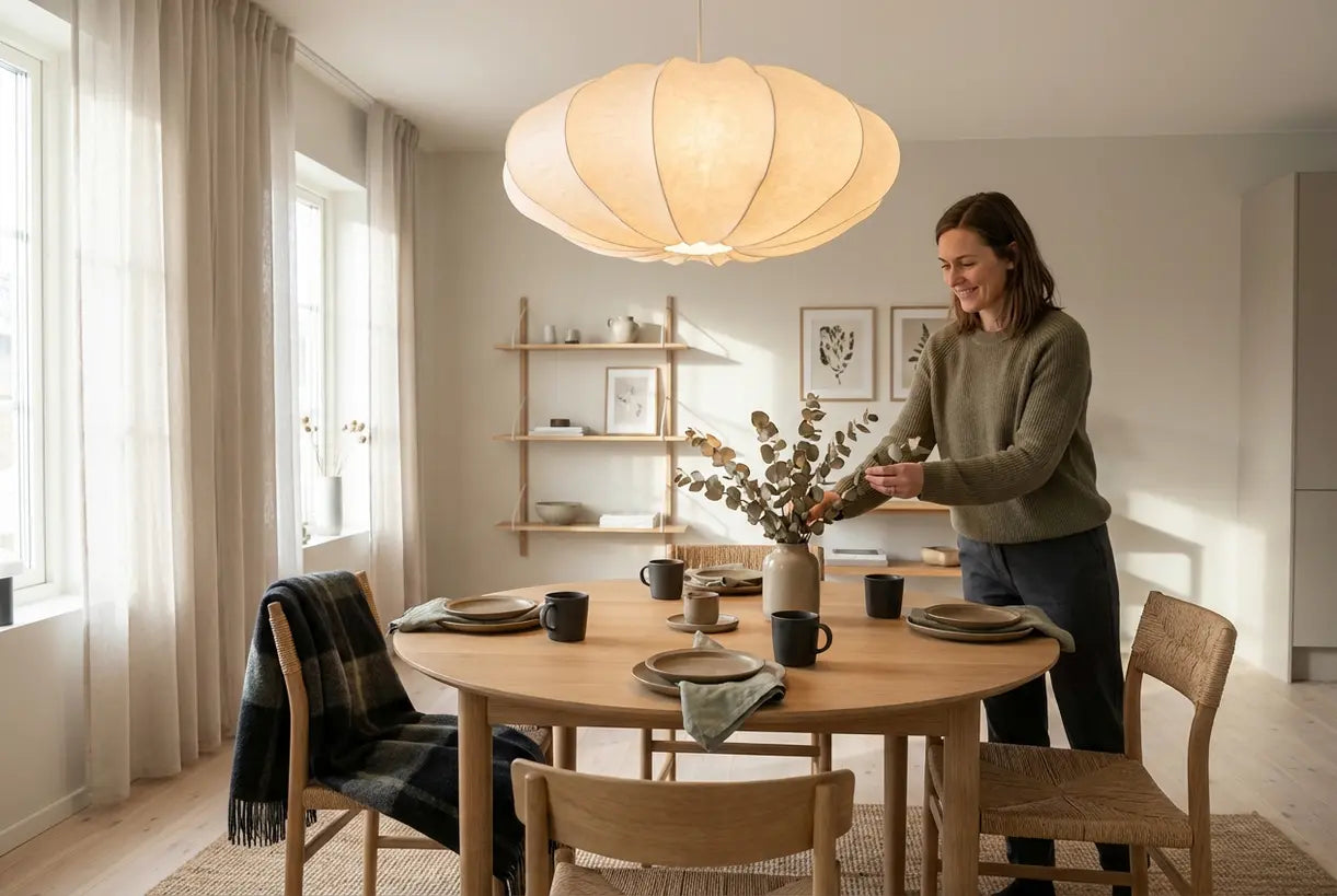 Scandinavische eetkamer met sculpturale Japanse papieren plafondlamp die warm sfeerlicht uitstraalt