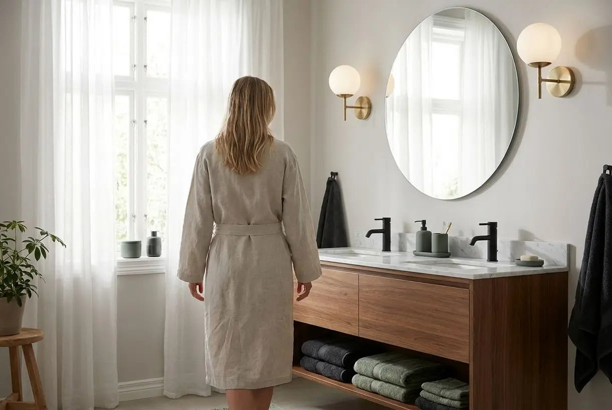 Scandinavian luxury bathroom with elegant wall sconce lighting and marble vanity
