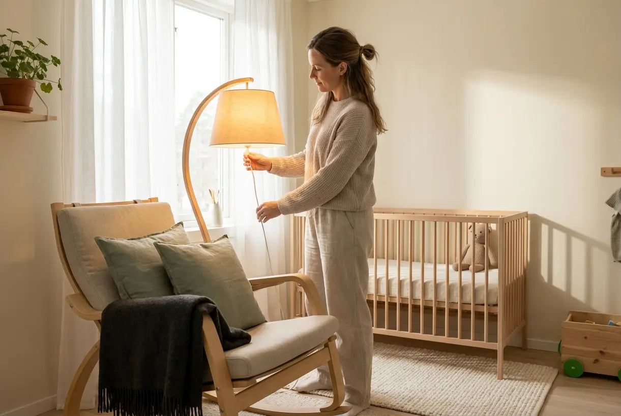 Scandinavische kinderkamer met warme houten vloerlamp en natuurlijke verlichting