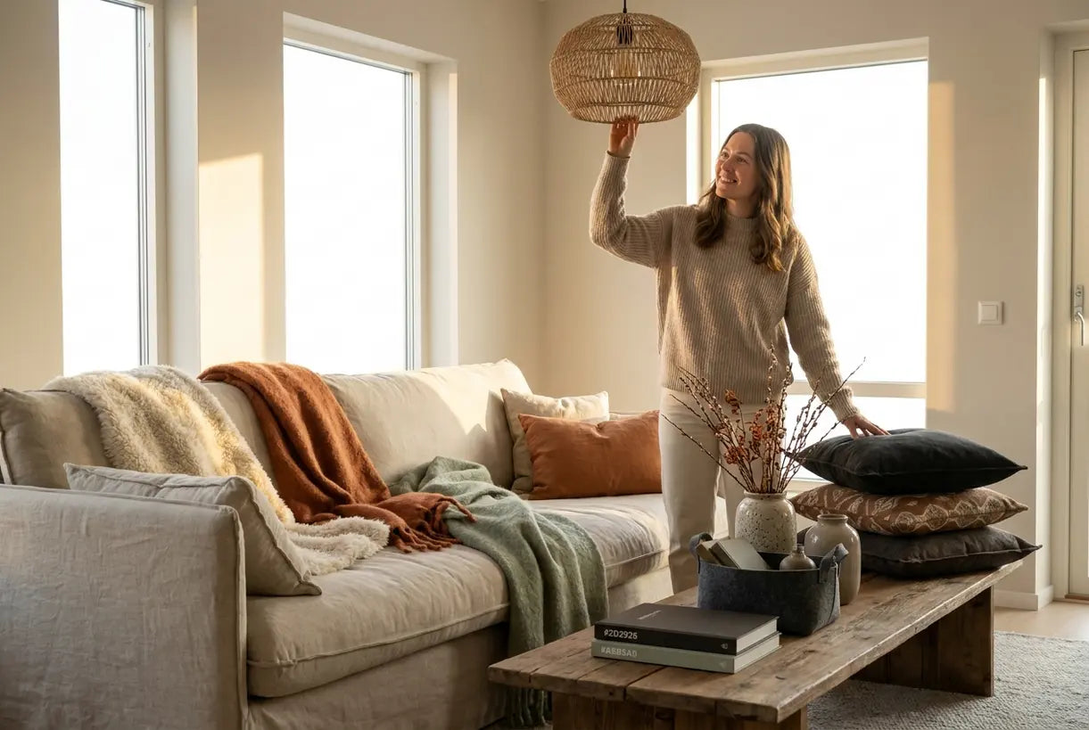 Woman refreshing Scandinavian living room with seasonal home decor updates