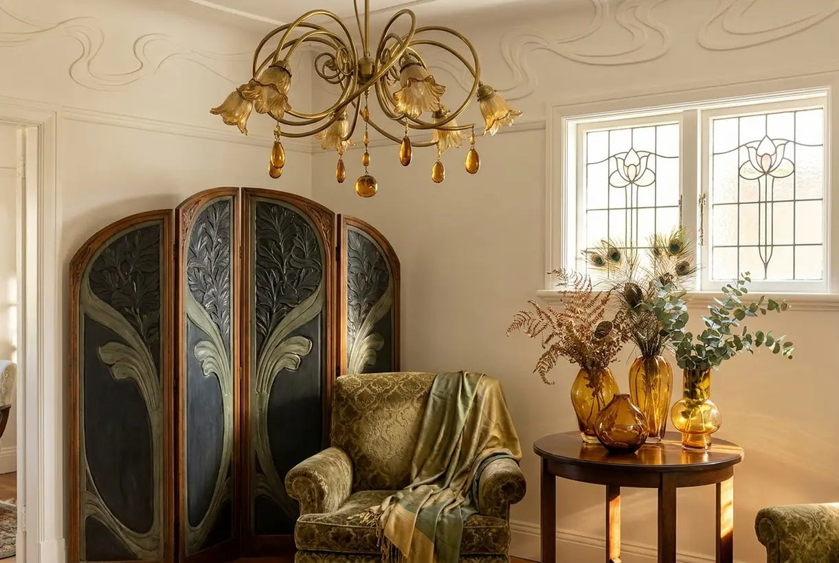 Art Nouveau interior design with brass chandeliers and organic nature motifs