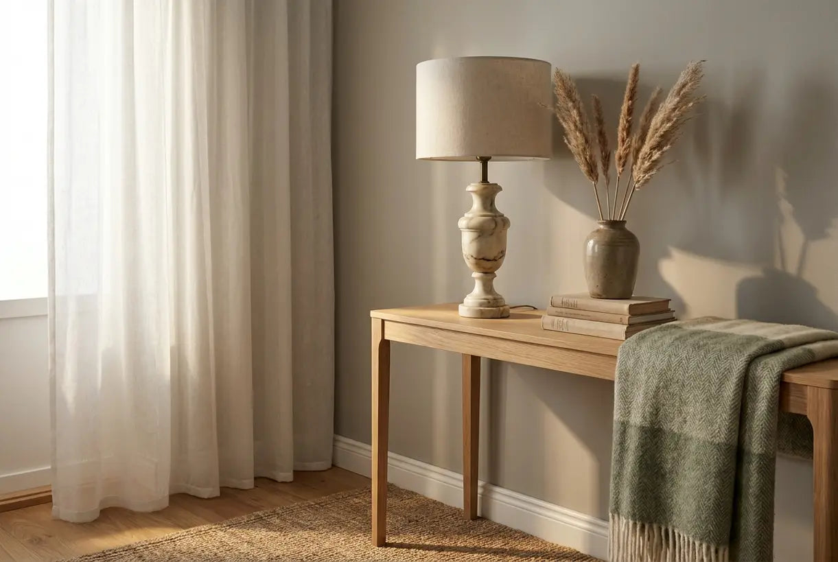 Vintage marmeren tafellamp gestyled in Scandinavisch interieur met natuurlijke materialen
