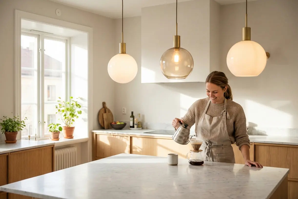 Messing en glazen bolvormige hanglampen boven een wit marmeren kookeiland in een Scandinavisch interieur