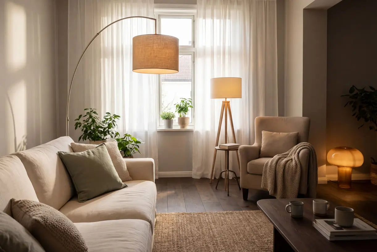 Scandinavische woonkamer met drie soorten vloerlampen die een gelaagd lichtontwerp laten zien