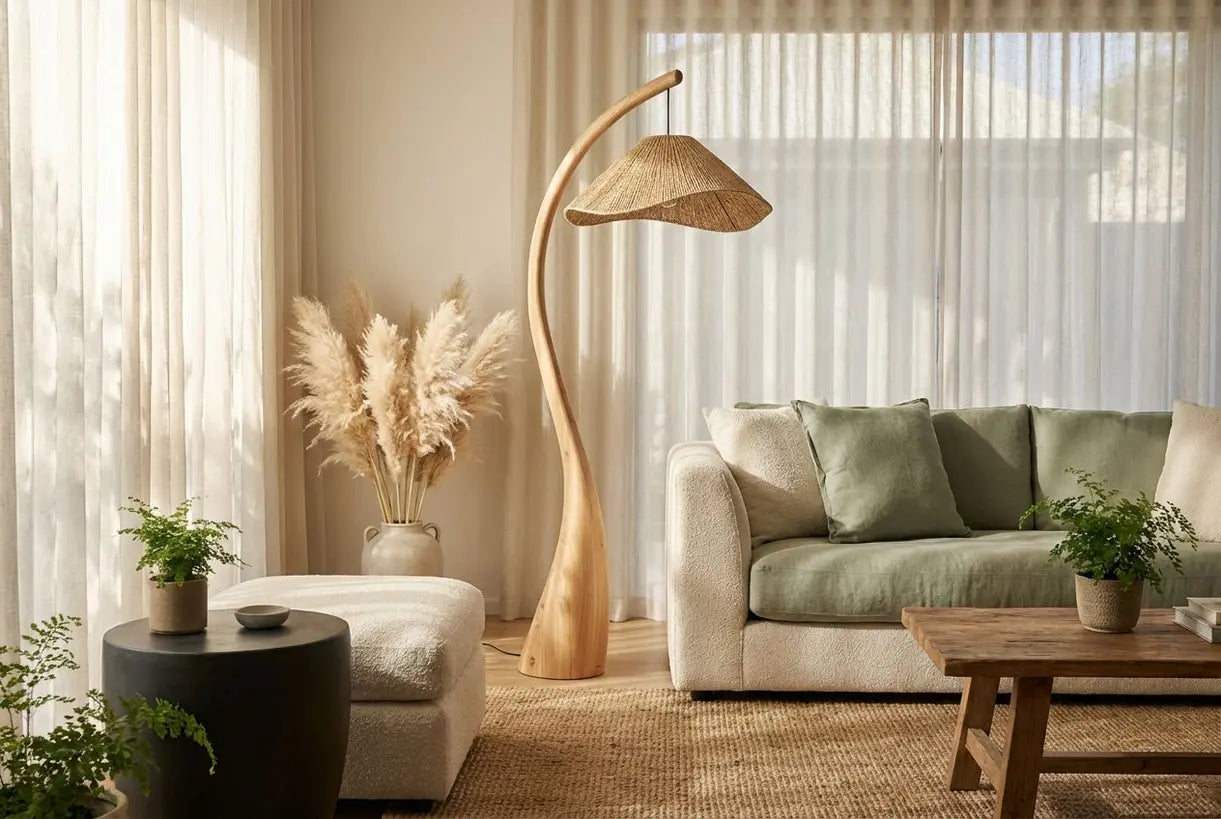 Biofilisch interieur met organische moderne vloerlamp, natuurlijke materialen en Scandinavische designelementen